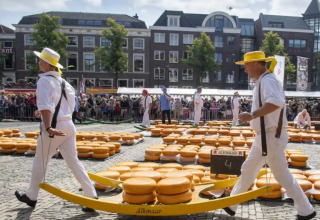 Hombres con atuendos tradicionales transportan quesos en el famoso mercado de quesos de Alkmaar en Países Bajos.