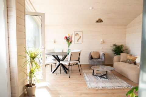 Soggiorno luminoso e moderno in un lodge a Zomerlicht, Paesi Bassi, con piante, divano e tavolo.
