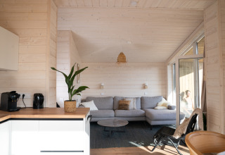 Lichte, moderne woonkamer van Slowlodge Sage bij Zomerlicht, Nederland, met bank en grote raampartijen.