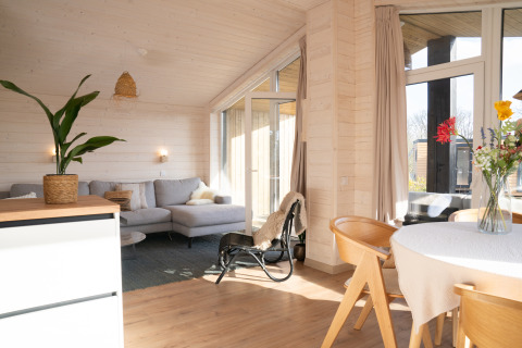 Lichte en moderne woonkamer in Slowlodge Sage bij Zomerlicht in Nederland, met houten interieur en veel daglicht.