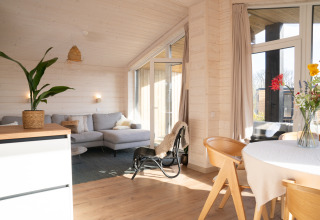 Lichte en moderne woonkamer in Slowlodge Sage bij Zomerlicht in Nederland, met houten interieur en veel daglicht.