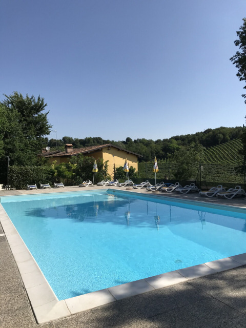 Piscina all'aperto con lettini presso Agriturismo Le Sorgive e Le Volpi, immersa nelle colline verdi della Lombardia.
