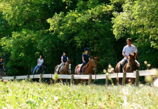 Personer rider på heste langs en skovsti ved Agriturismo Le Sorgive e Le Volpi feriepark i Lombardiet, Italien.
