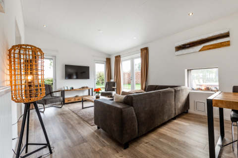 Moderne woonkamer met bruine zetels, tv en veel licht in het Schaelsbergerbosch Garden House in Nederland.
