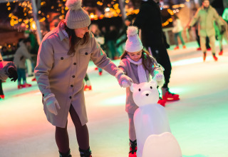 Mamma e figlia pattinano al Schaelsbergerbosch, con aiuto orso polare e luci colorate nella pista.