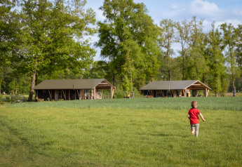 Un enfant en t-shirt rouge court vers le lodge Wellness Luxe à Landrijk de Reesprong, Pays-Bas, sur une prairie verte.