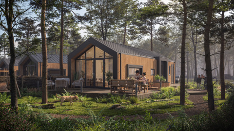 Cabane de glamping moderne au milieu des arbres, des personnes profitent de la terrasse en pleine nature.