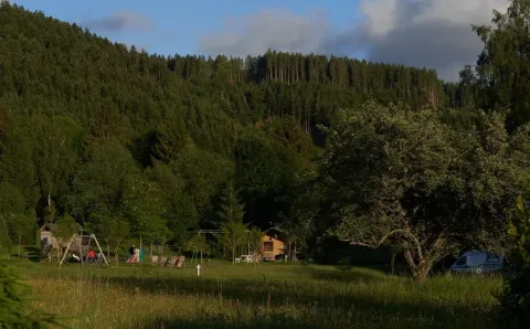 Foto del campeggio Les Trexons a Grand Est, Francia, tra alberi verdi, area giochi e una casetta di legno.