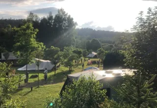 Vista del campeggio Les Trexons a Grand Est, Francia, con tende, alberi e ospiti in una giornata soleggiata.