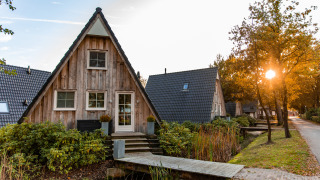 Alba alla Wellness Lodge, piccola casa di legno a forma di A con giardino e sentiero davanti.