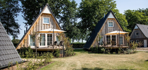 Dos casas tiny house Wellness Lodge con fachada de madera y terrazas en Hof van Salland, Países Bajos.