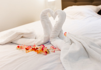 Romantisches Bett mit Handtuch-Schwänen und Rosenblättern in der Wellness Lodge, Hof van Salland, Niederlande.