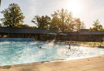 Piscine extérieure près d'une tiny house avec des nageurs, entourée d'arbres sous le soleil.