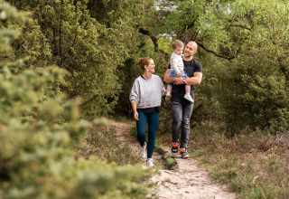 Une famille se promène sur un sentier forestier près de son hébergement glamping, entourée de verdure.