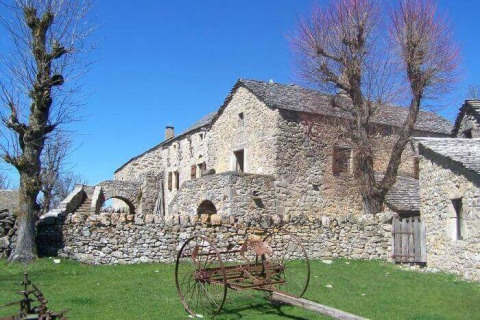 Stone house and leafless trees at Domaine de Pradines holiday park in Occitanie, France, on a sunny day.