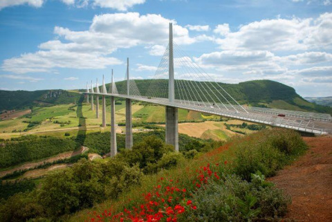 Vista del Viadotto di Millau dal Domaine de Pradines, Occitania, Francia, con colline e fiori di campo.