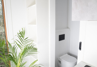 Toilettes modernes minimalistes au Slowcabin Nest à Zomerlicht, Pays-Bas, murs blancs et plante verte.