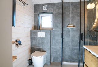 Moderne badkamer met grijze tegels, douche en toilet in Slowlodge bij Zomerlicht, Nederland.