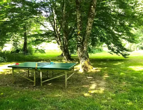 Tavolo da ping pong all'aperto tra gli alberi al campeggio La Prade, Occitania, Francia, giornata di sole.