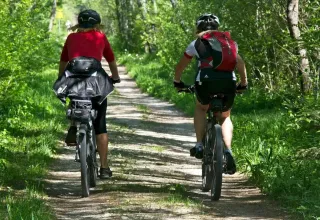 Due persone pedalano lungo un sentiero nel bosco, esperienza comune nei parchi vacanze glamping.