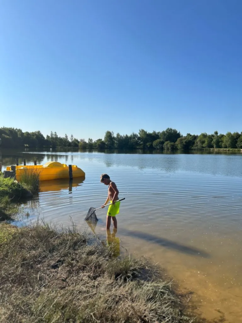Boy fishing with a net in a lake near Saint-Médard-d'Excideuil, Nouvelle-Aquitaine, France, on a sunny day.