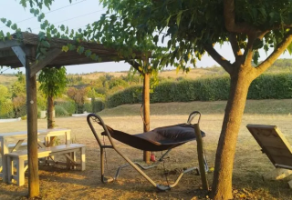 Espace extérieur avec table en bois, hamac et chaises longues sous les arbres au Domaine d' Essendieras.