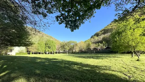 Vista su prato, alberi e colline presso Safaritent met badkamer, Campeggio La Prade, Francia, con cielo sereno.