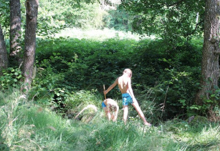 Due bambini giocano tra alberi e piante verdi al campeggio La Faz in Borgogna-Franca Contea, Francia.