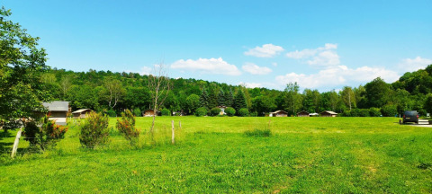 Ampio prato con baite al campeggio La Faz, parco vacanze in Bourgogne-Franche-Comté, Francia.