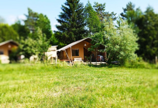 Safari tent with bathroom at Campsite La Faz in France, set among green trees and a grassy meadow.