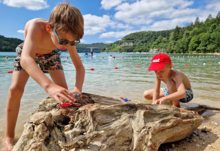 Due bambini giocano con macchinine su un grande tronco al lago nel campeggio La Faz in Borgogna-Franca Contea, Francia.