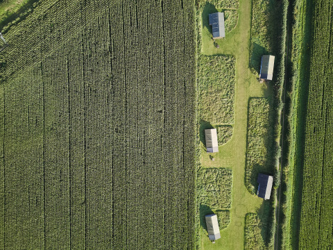 Luchtfoto van vakantiepark BoerenBed College Farm in Oost-Engeland met huisjes tussen groene akkers.