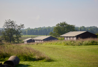 Drei Holzhütten im Grünen auf dem Ferienpark BoerenBed College Farm in Ostengland bei Sonnenschein.