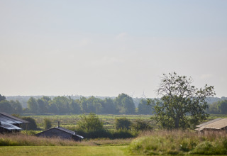 View of fields, trees, and cabins at BoerenBed College Farm holiday park, East of England, under clear sky.