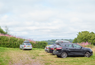 Auto’s geparkeerd op grasveld naast bloeiende struiken bij BoerenBed Billingsmoor Farm, Zuidwest-Engeland.
