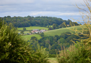 Panoramisch uitzicht op groene heuvels en bossen bij BoerenBed Billingsmoor Farm in Zuidwest-Engeland, VK.