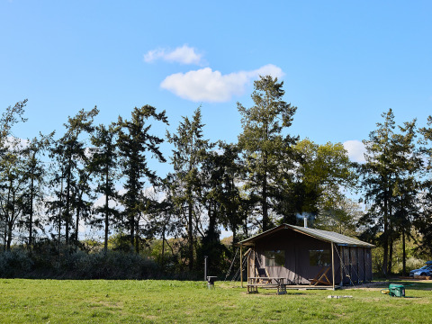Ruime safaritent en picknickbank op BoerenBed Foxglove Farm in Zuid-Oost Engeland, Verenigd Koninkrijk.