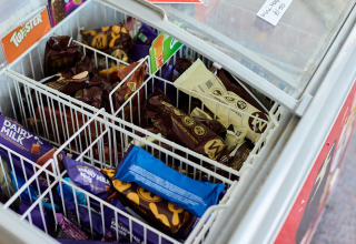 Vriezer met diverse ijsjes en chocoladerepen bij BoerenBed Foxglove Farm in Zuidoost-Engeland, Verenigd Koninkrijk.