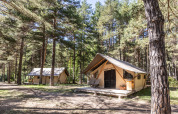 Tiendas safari Tent Trappeur en Huttopia la Clarée, Francia, situadas entre altos pinos y naturaleza tranquila.