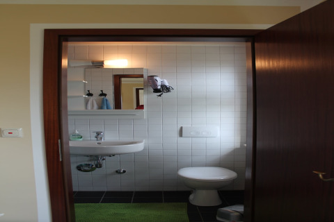 Kleine badkamer bij lodge «Am Strand» in Duitsland met wasbak, toilet en spiegel tegen witte tegels.