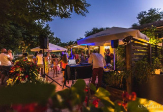 Festa serale all'aperto al Campeggio La Digue in Auvergne-Rhône-Alpes, Francia, con DJ e ospiti danzanti.
