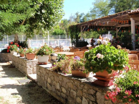 Area esterna con tavoli, sedie e fiori colorati al campeggio La Digue, parco vacanze in Francia.