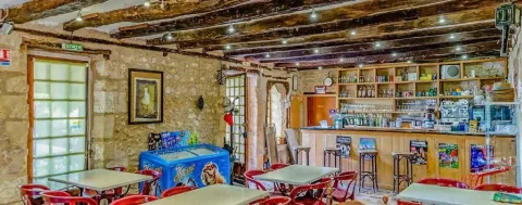 Foto dell'interno di un bar rustico con muri in pietra e travi in legno al campeggio Les Terrasses de Dordogne, Francia.