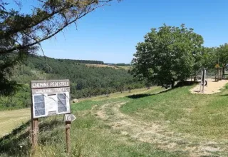 Vista sui sentieri pedonali e area giochi al campeggio Les Terrasses de Dordogne in Nouvelle-Aquitania, Francia.