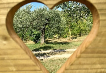 Udsigt til træer gennem et hjerteformet vindue i trævæg på Safaritent met badkamer, Les Terrasses de Dordogne.