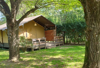 Tienda safari en el camping La Digue en Francia, rodeada de árboles y césped verde al sol.