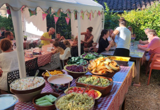 Riunione all’aperto al Camp Redon in Occitania, Francia, con tavolo da buffet e ospiti.
