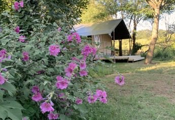 Safaritent op Camping Camp Redon in Frankrijk, omgeven door bomen en paarse bloemen in de zon.
