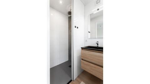Moderne badkamer in Tiny House bij De Kremmer, Nederland, met douche en houten wastafelmeubel.