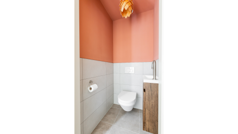 Modern toilet in Forest villa «De Bosburcht», met wandcloset, wastafel en stijlvolle hanglamp.